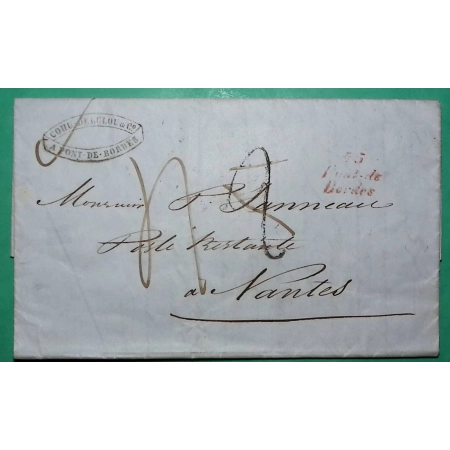 CURSIVE 45 PONT DE BORDES ROUGE LOT ET GARONNE TAXE TAMPON MODIFIEE POUR POSTE RESTANTE NANTES LOIRE INFERIEURE 1849