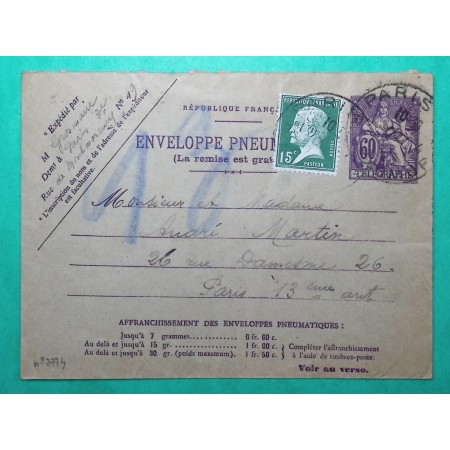 ENVELOPPE PNEUMATIQUE CHAPLAIN 60C + COMPLEMENT AFFRANCHISSEMENT N°171 PASTEUR PARIS 1925