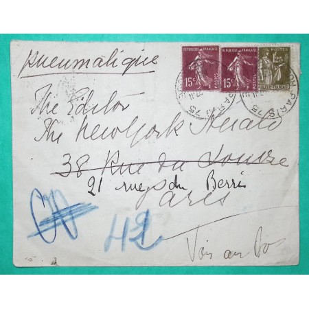 N°189 + 287 SEMEUSE 1F25 OLIVE PAIX LETTRE PNEUMATIQUE PARIS 1934