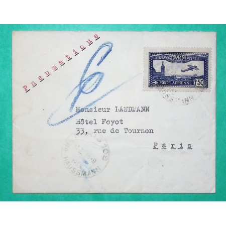 N°6 POSTE AERIENNE PA LETTRE PNEUMATIQUE TARIF 1F50 PARIS 1933
