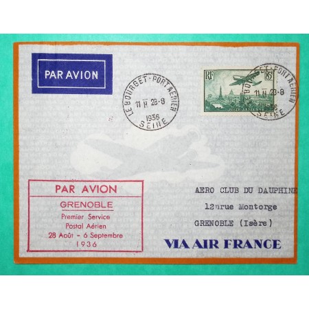 N°8 POSTE AERIENNE PA SEUL SUR LETTRE PREMIER VOL PARIS LE BOURGET GRENOBLE ISERE 1936