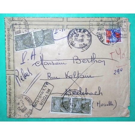 N°1234 MARIANNE A LA NEF TAXE GERBES 80C POSTES TELEGRAPHES ET TELEPHONES METZ MEURTHE ET MOSELLE RETOUR ENVOYEUR 1960