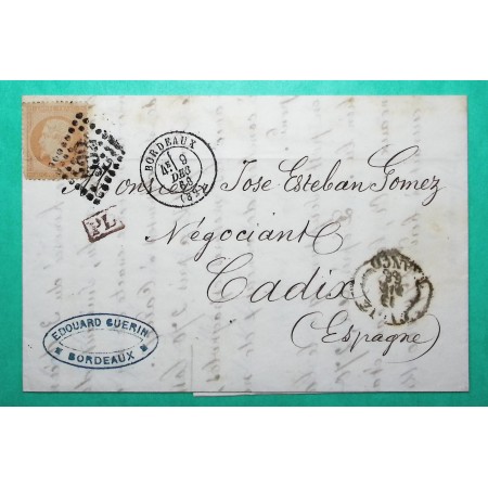N°23 GC 532 BORDEAUX GIRONDE POUR CADIX ESPAGNE 1868