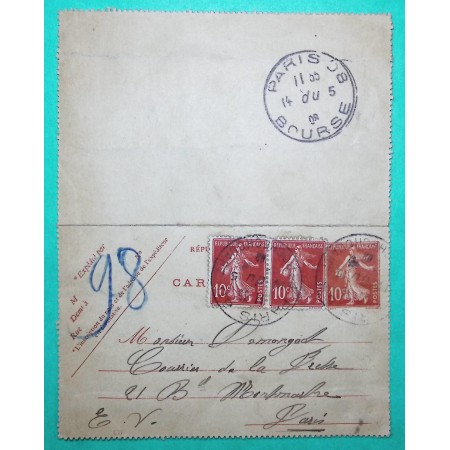 ENTIER SEMEUSE 10C ROUGE + COMPLEMENT AFFRANCHISSEMENT N°138 x2 CARTE PNEUMATIQUE PARIS R. ROCHECHOUART 1908