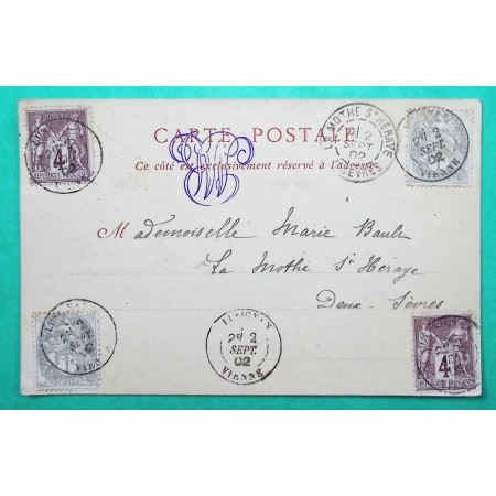N°88 x2 + 107 x2 MIXTE SAGE BLANC CARTE POSTALE LUSIGNAN VIENNE POUR LA MOTHE ST HERAY DEUX SEVRES 1902