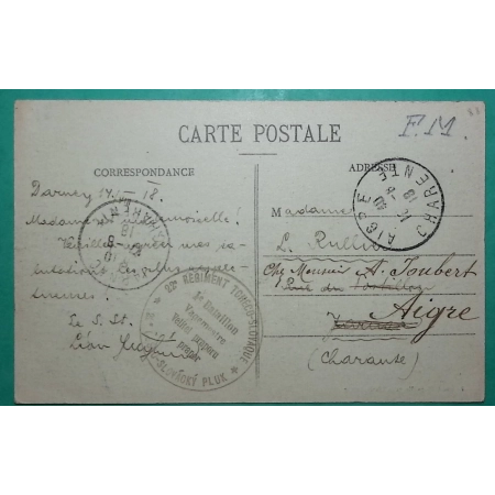 FRANCHISE MILITAIRE FM 22ème REGIMENT TCHECO-SLOVAQUE DARNEY VOSGES POUR AIGRE CHARENTE CARTE POSTALE 1918 WW1 FRANCE