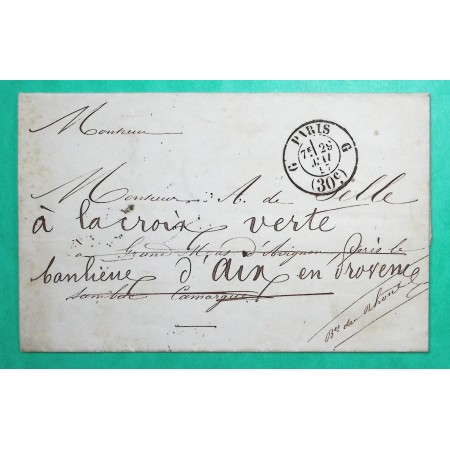 CACHET TAXE PARIS BUREAU G 30C FACULTE DE LETTRE POUR AIX EN PROVENCE BOUCHES DU RHONE 1857