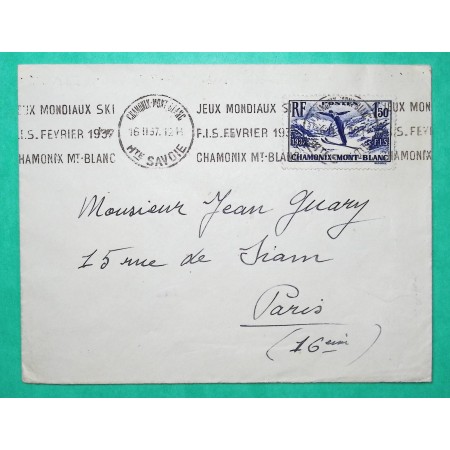 N°334 1F50 CHAMONIX CONCORDANCE OBLITERATION MECANIQUE JEUX MONDIAUX HAUTE SAVOIE 1937
