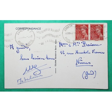 N°412 PAIRE MERCURE OBLITERATION MECANIQUE ANNECY CELEBREZ L'ANNIVERSAIRE DE LA LEGION CARTE POSTALE 1939
