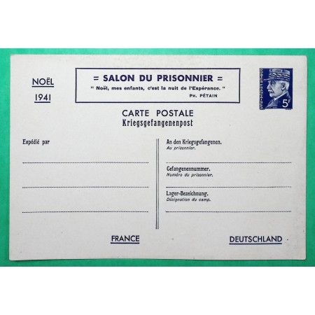 ENTIER 5F  BLEU PETAIN SALON DU PRISONNIER NOËL 1941 NEUF