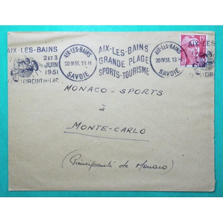 N°813 MARIANNE GANDON OBLITERATION MECANIQUE AIX LES BAINS CIRCUIT DU LAC SAVOIE VOITURE POUR MONACO 1951