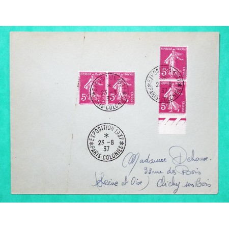 N°278B x4 5C ROSE SEMEUSE LETTRE EXPOSITION PARIS COLONIES 1937