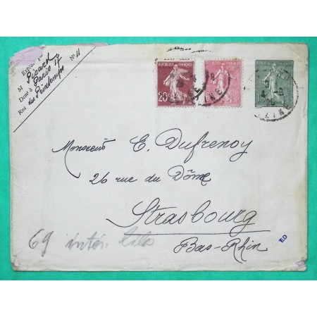 ENTIER 15C SEMEUSE LIGNEE + COMPLEMENT AFFRANCHISSEMENT N°139 + 201 LETTRE PARIS POUR STRASBOURG BAS RHIN 1926