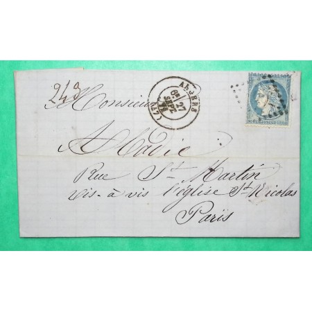 N°60A GC 99 ANGERS MAINE ET LOIRE LETTRE DU 27 SEPTEMBRE 1871 POUR PARIS