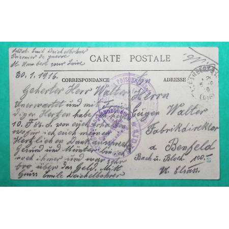 FRANCHISE MILITAIRE FM PRISONNIERS DE GUERRE POW ST RAMBERT SUR LOIRE CP POUR BENFELD ALSACE LORRAINE 1916 WW1