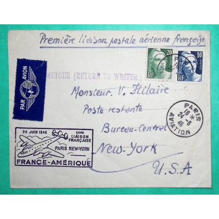 N°726 + 728 MARIANNE DE GANDON  PREMIER VOL FRANCE AMERIQUE POUR NEW YORK USA AMERICA 1946