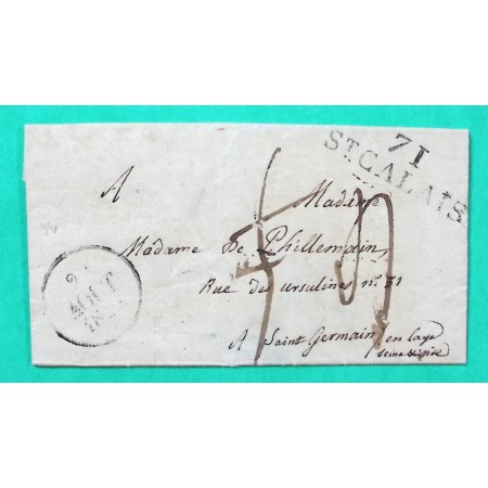 MARQUE 71 ST CALAIS SARTHE DEPART COGNERS POUR ST GERMAIN EN LAYE CACHET ARRIVEE 2ème DIST. 37x11 1828