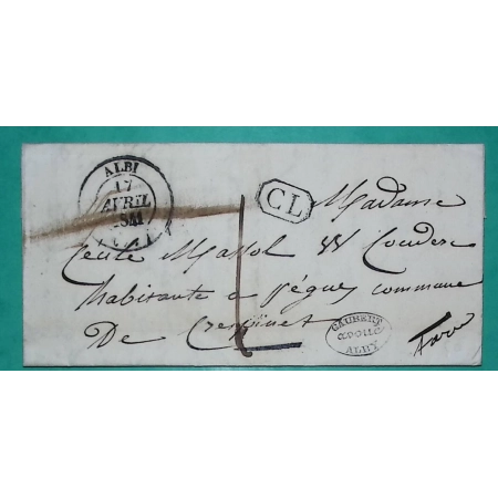 CAD TYPE 14 ALBI TARN CL CORRESPONDANCE LOCALE TAXE 1 POUR CRESPINET 1841 LETTRE COVER FRANCE
