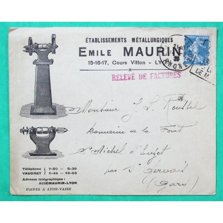 N°140 SEMEUSE BELLE ENVELOPPE PUB ILLUSTREE EMILE MAURIN LYON POUR ST GERVAIS GARD 1925