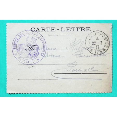 FRANCHISE MILITAIRE FM SERVICE DES CONVOIS AUTOMOBILES STM7 TRESOR ET POSTES 178 POUR PARIS 1917 WW1