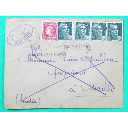 N°676 + 713 x4 MIXTE MAZELIN GANDON RECOMMANDE PROVISOIRE FONTENAY LE COMTE VENDEE POUR MAILLE INCONNU 1946