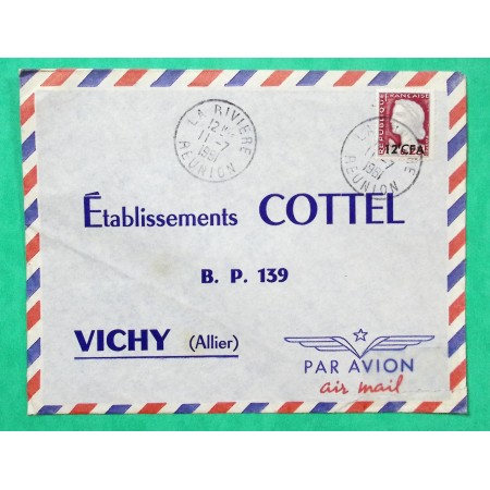 N°1263 MARIANNE DECARIS SURCHARGE 12 CFA LETTRE PAR AVION LA RIVIERE REUNION POUR VICHY ALIER 1961