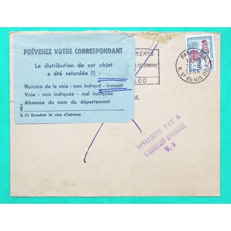 N°1331A COQ DECARIS ETIQUETTE PREVENEZ VOTRE CORRESPONDANT DISTRIBUTION OBJET RETARDEE 1966