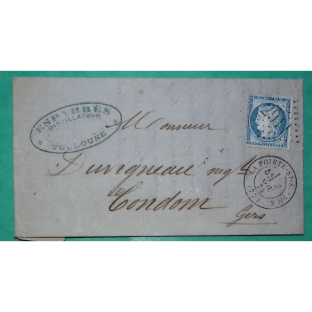 N°60C IMPRESSION DEFECTUEUSE GC 2911 LA POINTE ST SULPICE TARN POUR CONDOM GERS 1874 LETTRE COVER FRANCE