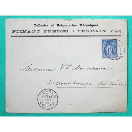 N°90 SAGE CAD TYPE A LERRAIN VOSGES ENVELOPPE ENTETE TUILERIES BRIQUETERIES 1886