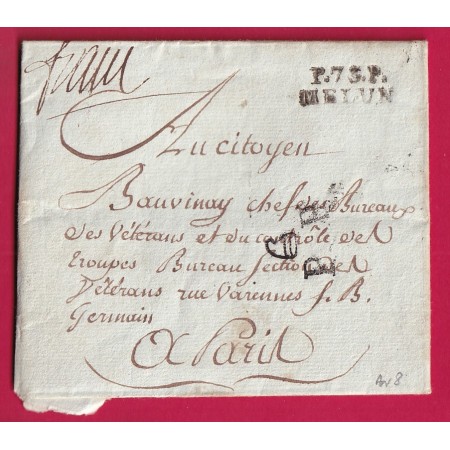 MARQUE P73P MELUN SEINE ET MARNE + FRANC MANUSCRIT ET PP BONNET PHRYGHIEN POUR PARIS AN8