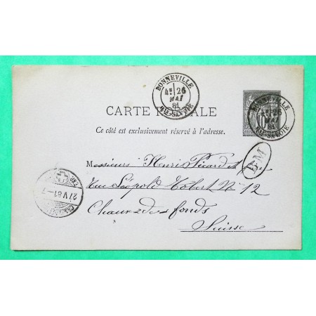 ENTIER SAGE 10C CARTE POSTALE SCIONZIER HAUTE SAVOIE BM BOITE MOBILE BONNEVILLE POUR LA CHAUX DE FONDS SUISSE 1881