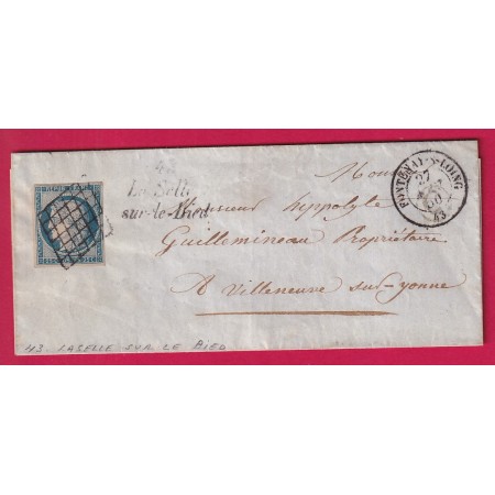 N°4 GRILLE + CURSIVE 43 LA SELLE SUR LE BIED LOIRET 1850 CAD TYPE 15 FONTENAY SUR LOING POUR VELLENEUVE SUR YONNE INDICE 21