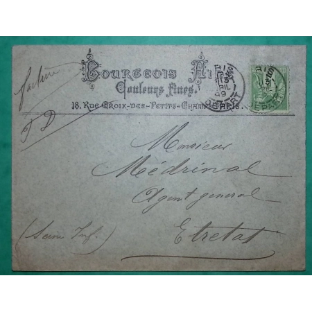 N°106 SAGE ENVELOPPE PUB TARIF IMPRIME BOURGEOIS FILS PARIS DEPART POUR ETRETAT SEINE INFERIEURE 1899 COVER FRANCE