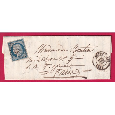 N°4 PC 2878 SENS SUR YONNE 1852 POUR PARIS AU DOS LIGNE DE LYON