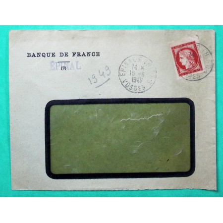 N°830 15F CERES CENTENAIRE SEUL SUR LETTRE BANQUE DE FRANCE EPINAL VOSGES 1949