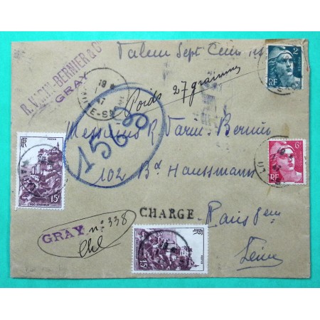 N°713 + 721A + 763 x2 MARIANNE GANDON ROCAMADOUR RECOMMANDE CHARGE GRAY HAUTE SAONE 1947