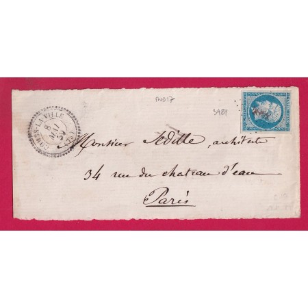 N°14 PC 3984 COMBS LA VILLE SEINE ET MARNE CAD TYPE 22 POUR PARIS DEVANT DE LETTRE INIDCE 17