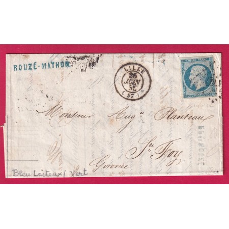 N°14 BLEU LAITEUSX SUR VERT PC 1727 LILLE NORD SIGNE BRUN POUR STE FOY LE GRANDE GIRONDE 1855