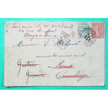 N°111 + 129 BLANC SEMEUSE LETTRE POUR KRATIE CAMBODGE REEXP GUITRES GIRONDE PUIS ANGOULEME CHARENTE 1906