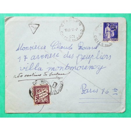 N°365 PAIX LETTRE ETABLES COTES DU NORD TAXE 2 FOIS 50C DUVAL POUR PARIS 1938