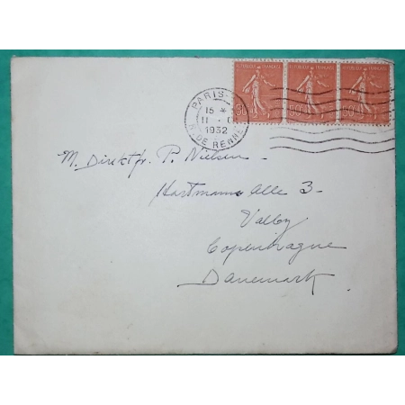 N°199 x3 SEMEUSE LETTRE PARIS TARIF 1F50 POUR L'ETRANGER COPENHAGUE DANEMARK 1932 COVER FRANCE