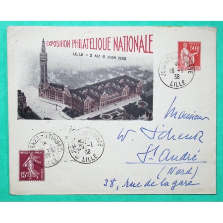 ENTIER 50C PAIX EXPOSITION PHILATELIQUE NATIONALE LILLE 1933 ILLUSTRE + N°189 SEMEUSE VOYAGE TARIF 65C
