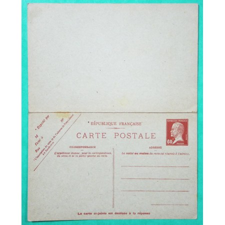 ENTIER PASTEUR 60C ROUGE CARTE POSTALE AVEC REPONSE NEUF