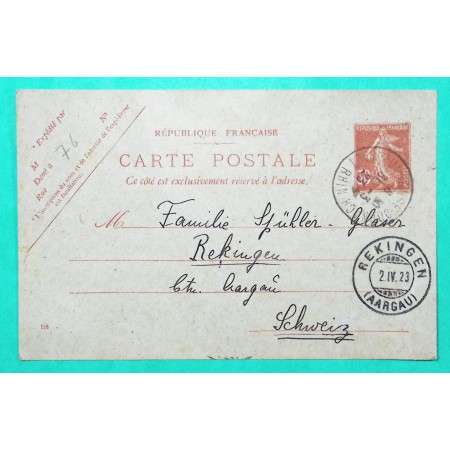 ENTIER 30C ROUGE SEMEUSE MULHOUSE DORNACH POUR REKINGEN SUISSE 1923