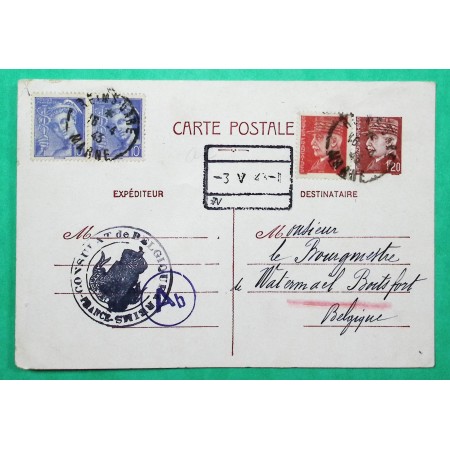 ENTIER 1F20 PETAIN + N°514 + 546 x2 TARIF 2F40 CONSULAT DE BELGIQUE FRANCE POUR WATERMAEL BOITSFORT 1943