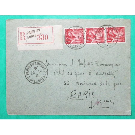 N°433 x3 IRIS RECOMMANDE PARIS XV ANNEXE 2 R. DE LANGEAC POUR PARIS 1941