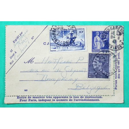 N°783 10F CONCORDE SUR ENTIER PAIX 65C NON RECONNU LETTRE TARIF 10F POUR BELGIQUE AVEC TAXE BELGE 2F25 POSTE RESTANTE 1947