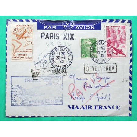 PA N°17 + N°719 MARIANNE GANDON LETTRE 1ère LIAISON FRANCE AMERIQUE DU SUD RECIFE BRESIL + VIGNETTE RETOUR ENVOYEUR 1946