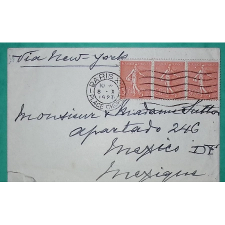 N°199 x3 SEMEUSE LETTRE PARIS TARIF 1F50 POUR L'ETRANGER MEXICO MEXIQUE VIA NEW YORK 1927 COVER FRANCE