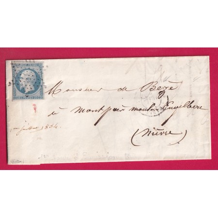 N°14 DU 1ER JUILLET 1854 1ER JOUR TARIF A 20C SIGNE CALVES ETOILE PARIS POUR MOULINS ANGILBERT NIEVRE